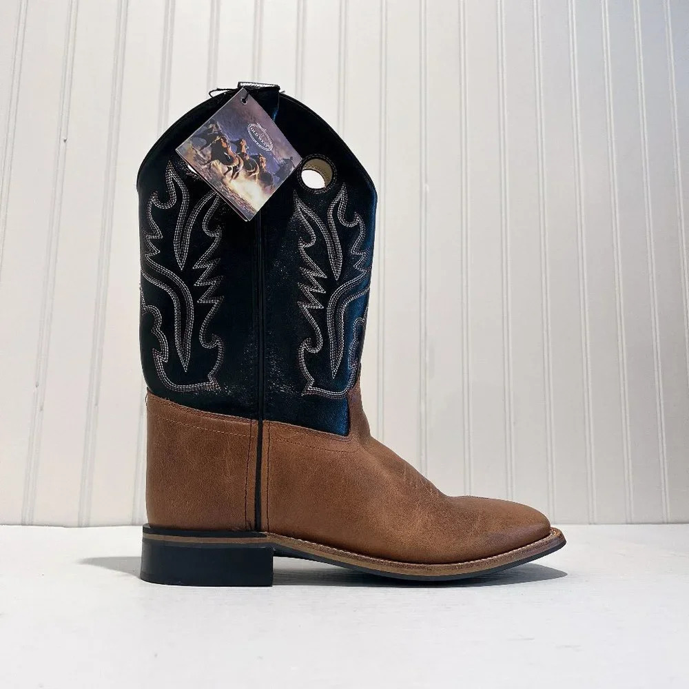 Old West Square Toe Contrast Stitched Leather Western Pull On Cowboy Boots 7 - Picture 2 of 14
